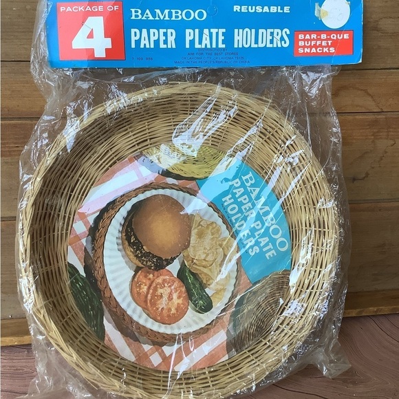 NEW Old Stock Package 4 Bamboo Plate Holders Baskets Vintage - Picture 1 of 5